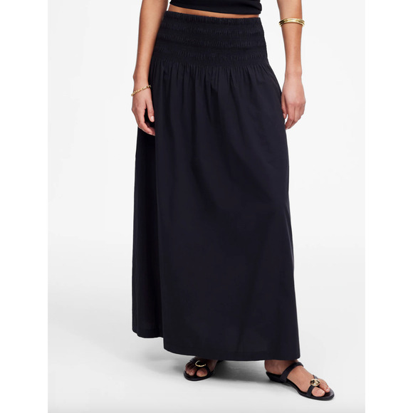 Madewell Smocked Waist Poplin Midi Skirt Cotton A Line Black Pockets XL NWT - Picture 2 of 15